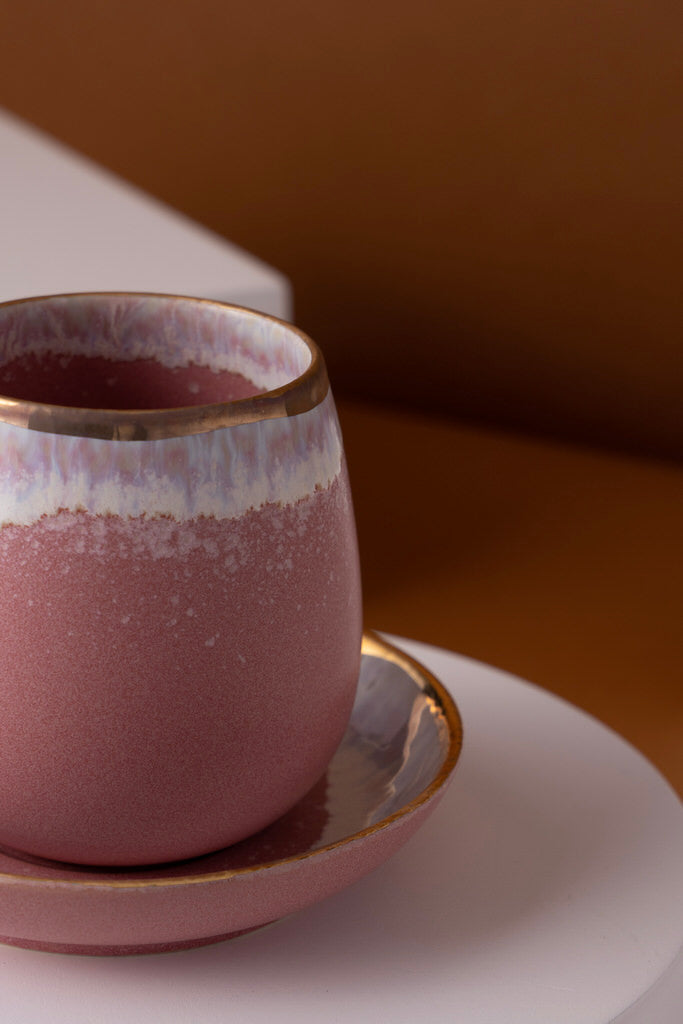L1 Ceramic Cup With Saucer Pink & Gold