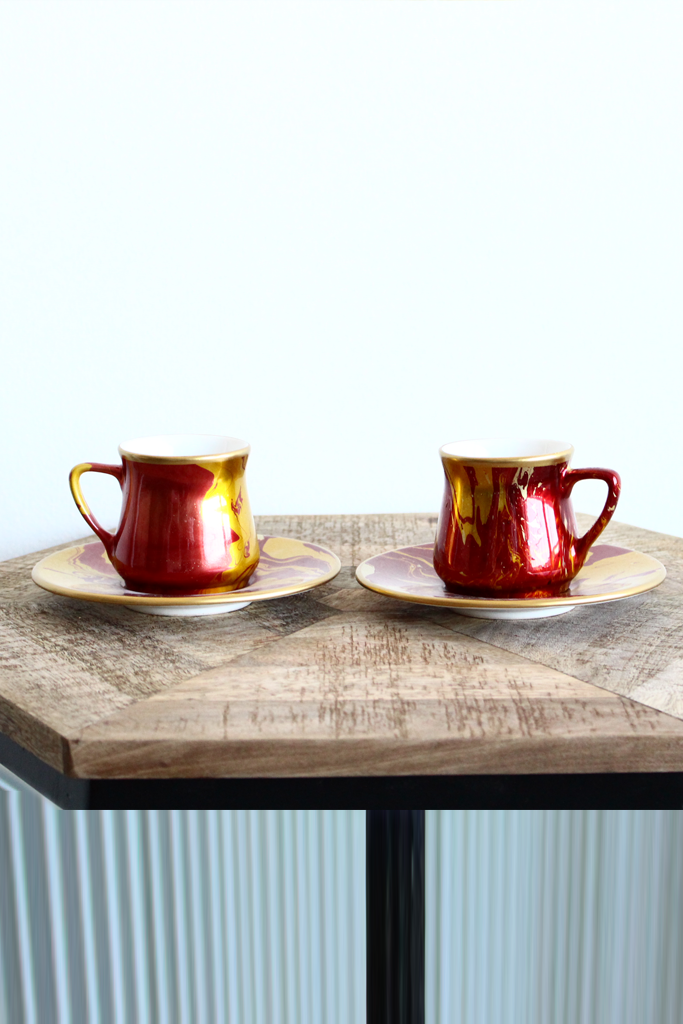 Glore 1 Turkish Coffee Set 2 Pcs - Marble Red