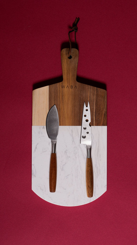 طقم سكاكين جبن 2 قطعة مع لوح تقطيع رخامي LV14