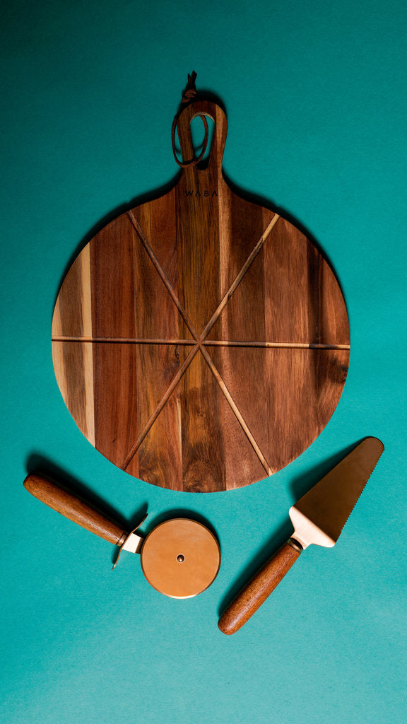 LV15 Pizza Knife Set 2 Pcs W/ Wooden Cutboard
